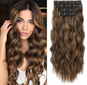 24” Beach Wave Clip-In Extensions • Dark Brown w/ Highlights‎ • 4PCS